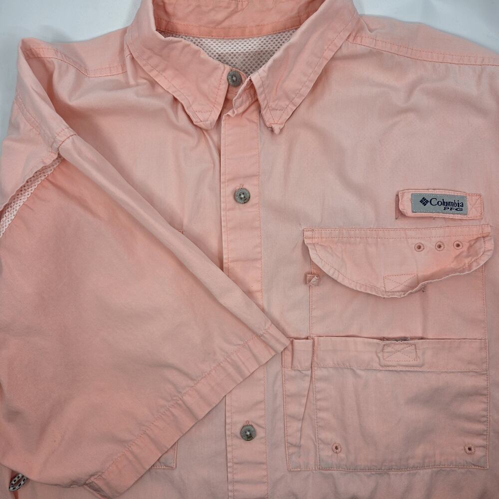 Columbia PFG Men XL Pink Salmon Fishing Shirt Short Sleeve Vented